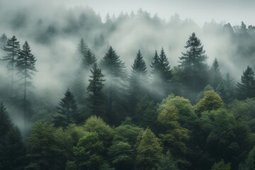 fog on a forest covered in trees