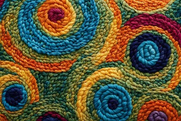 Seamless horizontal texture abstract multicolored background. Knitted pattern of woolen threads forming circles - obrazy, fototapety, plakaty