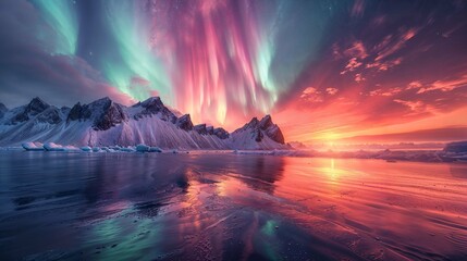 AI generated illustration of the Northern Lights shining over glaciers and icebergs - obrazy, fototapety, plakaty