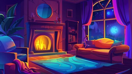 The interior of a night living room scene with a fireplace and sofa in a house cartoon illustration. Modern home design bounded by a magical beam of moonlight from the window. Cozy Scandinavian