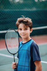 young boy player holding a badminton racket on court, ready to play game. Fictional Character Created by Generative AI.