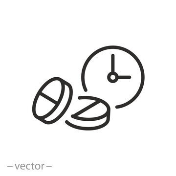 period of action of the medicine icon, clock and pills, time to take a pill, thin line symbol on white background - editable stroke vector eps10