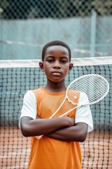 young Black boy player posing with tennis racket on court, ready to play game. Fictional Character Created by Generative AI.