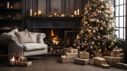A cozy living room with a beautifully decorated Christmas tree, surrounded by wrapped gifts. - obrazy, fototapety, plakaty