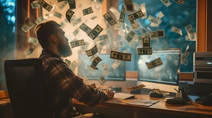 a man is sitting at a desk with money falling off his monitor - obrazy, fototapety, plakaty