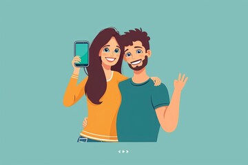 Couple is making selfie using a smart phone. Digital device, artificial intelligence concept, Generative AI 