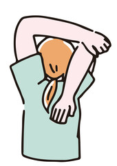 首・肩のストレッチをしている女性　肩を伸ばす　後ろ姿