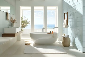 Fototapeta na wymiar a modern bathroom with big windows on the side and large bathtub in front