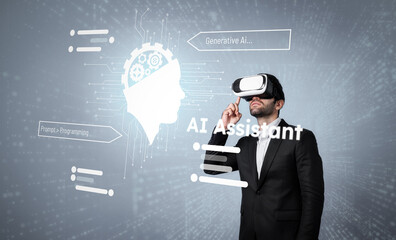 Manager using VR glass writing and programing engineering prompt. Professional business man wearing...