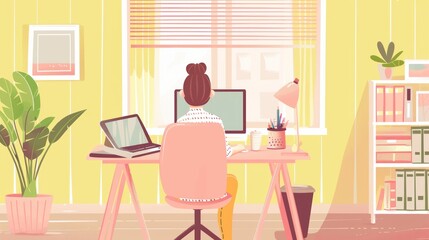 In this illustration, a girl sits on a window workspace desk at her home office. She has a desk, a chair, and a computer installed in her room for education. An indoor female student workplace