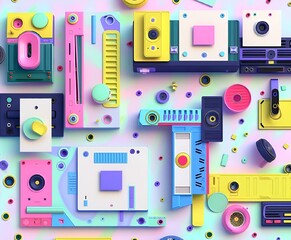 AI generated illustration of various colorful tape recorders and miscellaneous items