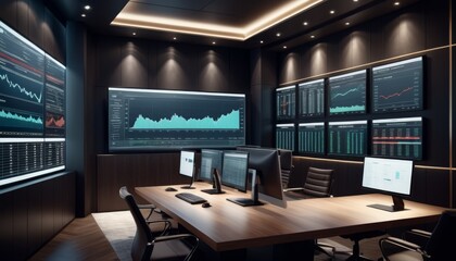 A sophisticated trading room with a large desk and multiple screens displaying financial data, showcasing a high-tech environment for market analysis.. AI Generation