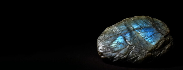 Labradorite is a rare precious natural stone on a black background. AI generated. Header banner...