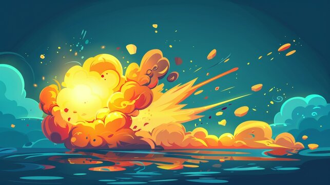 Fire, fire splashes, smoke clouds. Modern cartoon illustration of cartoon blast, blast explosion, magic burst.