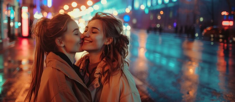 Smiling tender and sweet lesbians are going to kiss against the backdrop of the lights of the night city. copy space. funny joyful girls hugging, female friendship
