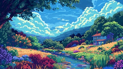 Pixel art of flowers, trees, and rocks near water in a scenic view, AI-generated.