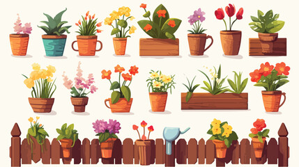 Different garden elements vector illustrations set.