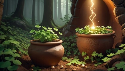 A mystical scene unfolds with two terracotta pots amid a lush forest floor. The left pot bursts with verdant clover while the right pot emits a magical glow with sparks and coins.. AI Generation