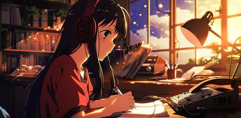 Focused Study Session: Girl with Headphones in Sunny Room
