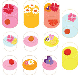 Colorful Summer Cocktails with Floral and Citrus Garnishes | Vibrant Drink Illustrations | Perfect for Seasonal and Beverage-Themed Designs | High-Quality Vector Art