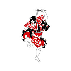 kabuki, Samurai eating noodles, Japanese Ukiyoe style, vector illustration