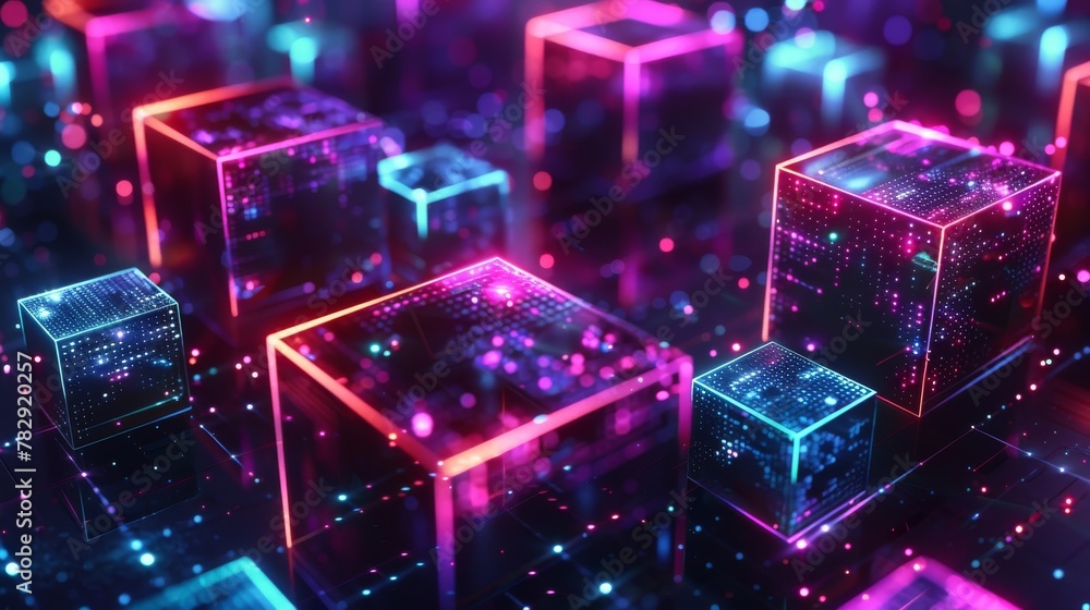Leinwandbilder a modern illustration of realistic 3d cubes and neon parts composed over a dark space background. th