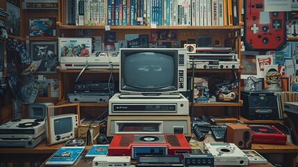 a room filled with old tech equipment and bookshelves - obrazy, fototapety, plakaty