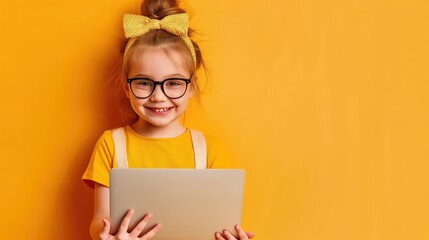 cute little smiling girl holding laptop on bright single color background --ar 16:9 Job ID: b1701981-0bde-4988-a686-61ff7692c97b