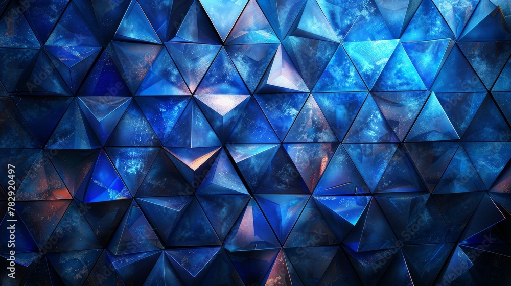 Poster bright blue digital illustration on a dark background featuring polygons and triangles.