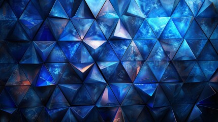 Bright blue digital illustration on a dark background featuring polygons and triangles. - obrazy, fototapety, plakaty