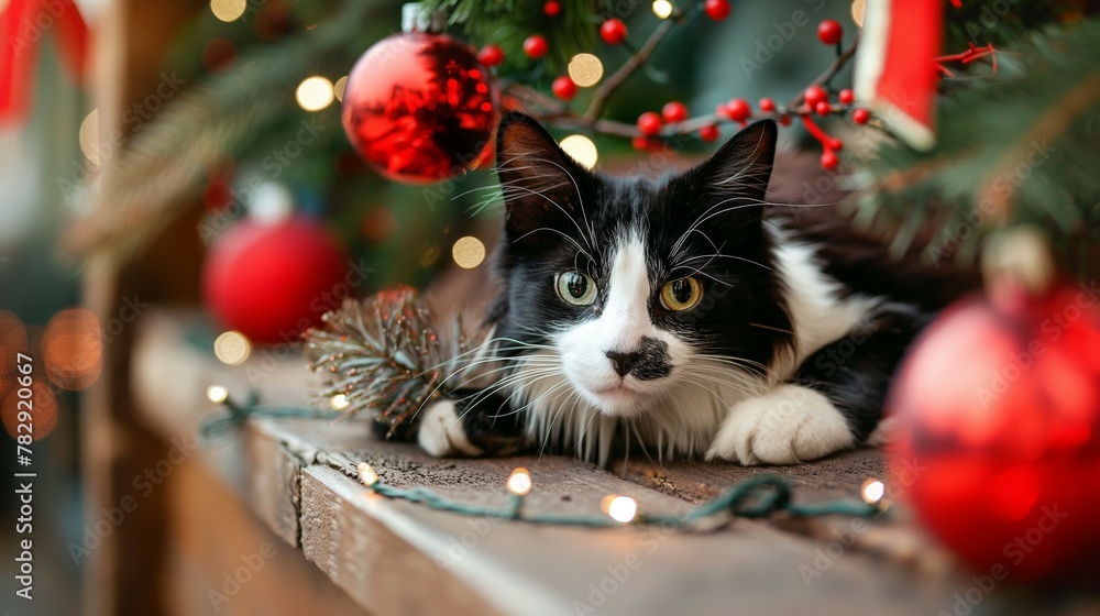 Wall mural black and white cat and red Christmas bauble decorations. 