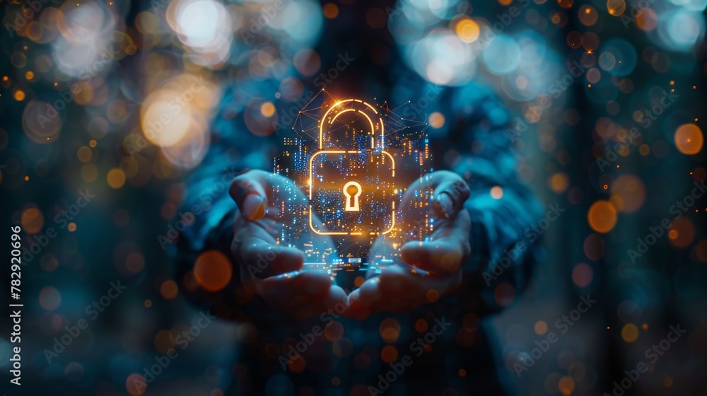 Aufkleber Digital padlock with data protection on blurred background with businessman using 3D rendering