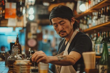 AI generated illustration of a bartender with a glass of cocktail behind the bar counter - obrazy, fototapety, plakaty