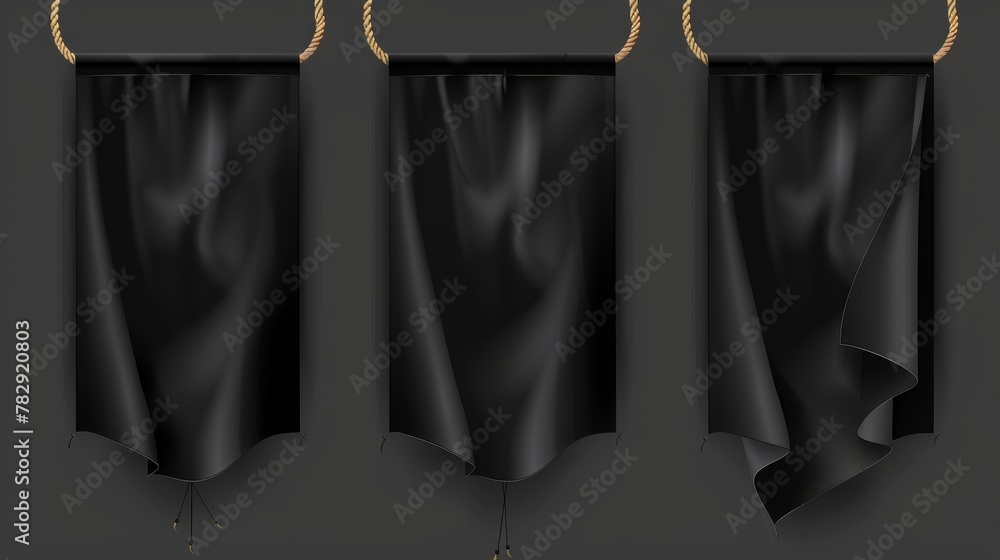 Poster modern realistic set of empty black cloth placards with folds isolated on transparent background. ho