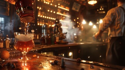 AI generated illustration of a man pours a drink at the bar - obrazy, fototapety, plakaty