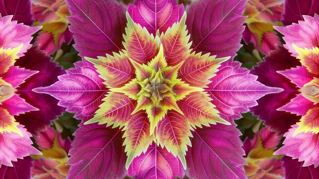 bright pink and green coleus plant leaf kaleidoscope octagonal background. 