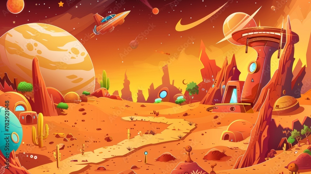 Poster this modern illustration features a space game level map on a mars planet background. the illustrati