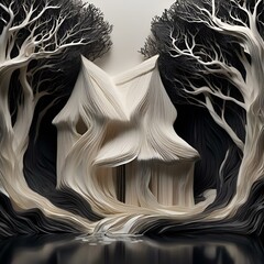 a very intricate sculpture made to look like the trees are cut out of paper