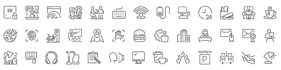 Set of linear Office coworking icons. 64px and 256px editable