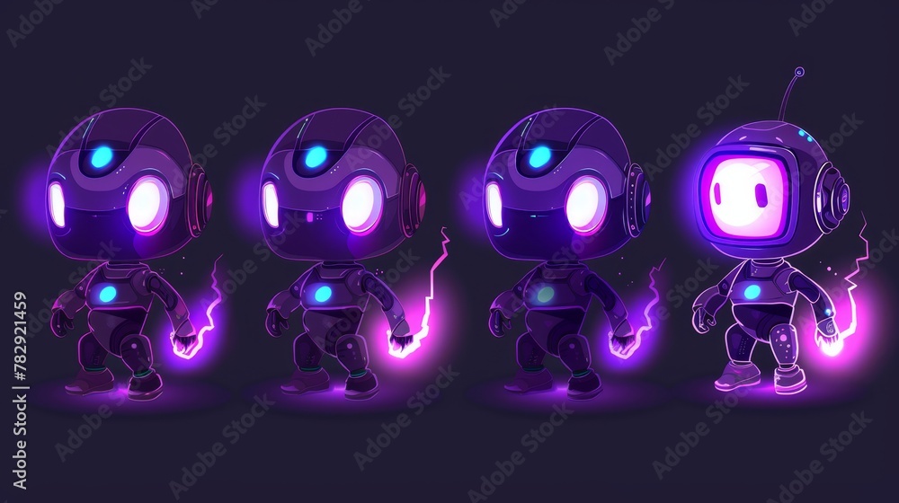 Poster animated neon dark ai robot bot mascot cartoon set. futuristic purple character evolution with artif
