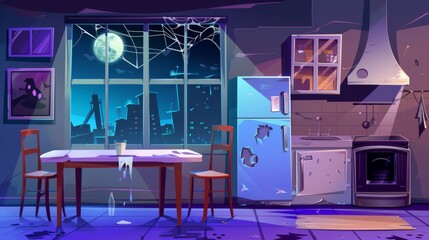 In this night deserted kitchen, the table cartoon shows a fridge, a broken cupboard, a hood, dirty furniture, and spider web. A moonlit cityscape is seen through a window in this chaotic scene.