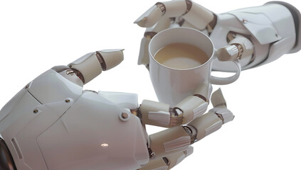 Naklejka na ściany i meble A closeup of an AI robot's hand holding a coffee cup, with the cup placed in front and slightly to its right side on a white background