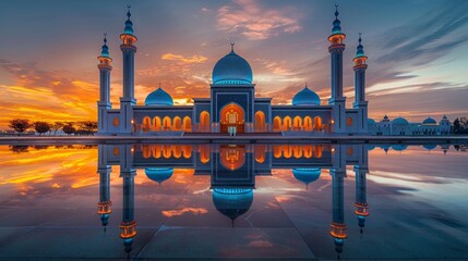 Mosque reflection at sunset with vibrant sky - obrazy, fototapety, plakaty