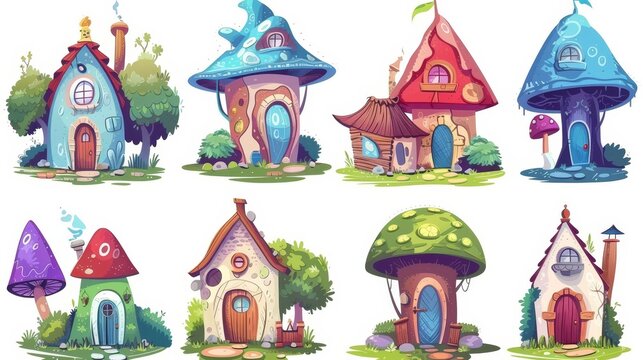 Set of cartoon moderns depicting a forest house building in a fairy tale forest. Illustrations show an isolated tree home with mushroom roof for a magic village surrounded by grass. The exterior of