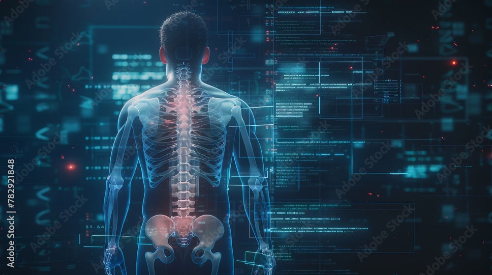 Aufkleber an image with a man's back x-ray along with a digital interface of the spines and bones of the body 