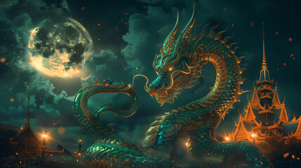 Mystical Naga Dragon Guarding Temple under Moonlight - obrazy, fototapety, plakaty