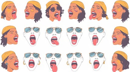 Animation set of female character mouth sync pronunciation with tongue and teeth movement throughout. Hippie lady articulation template with emotion expression.