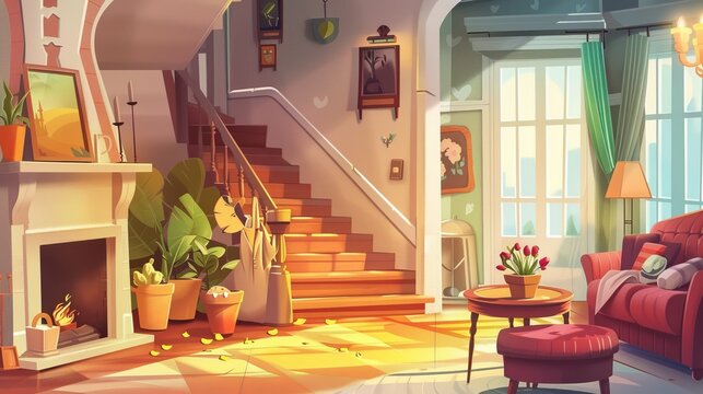 A young woman watering flowers in pots near the stairs in her living room behind her fireplace, a sofa, a table, and a chair. Modern cartoon background of a cozy house from inside.