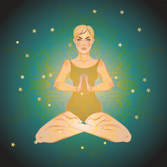 Beautiful Girl sitting in lotus position over ornate colorful neon background. Vector illustration. Psychedelic composition. Buddhism esoteric motifs. Tattoo, spiritual yoga. - 782922003