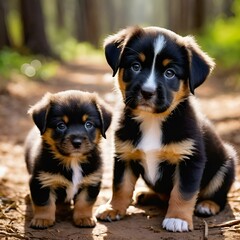 AI generated illustration of two adorable puppies, one black and one brown, sitting in a lush forest